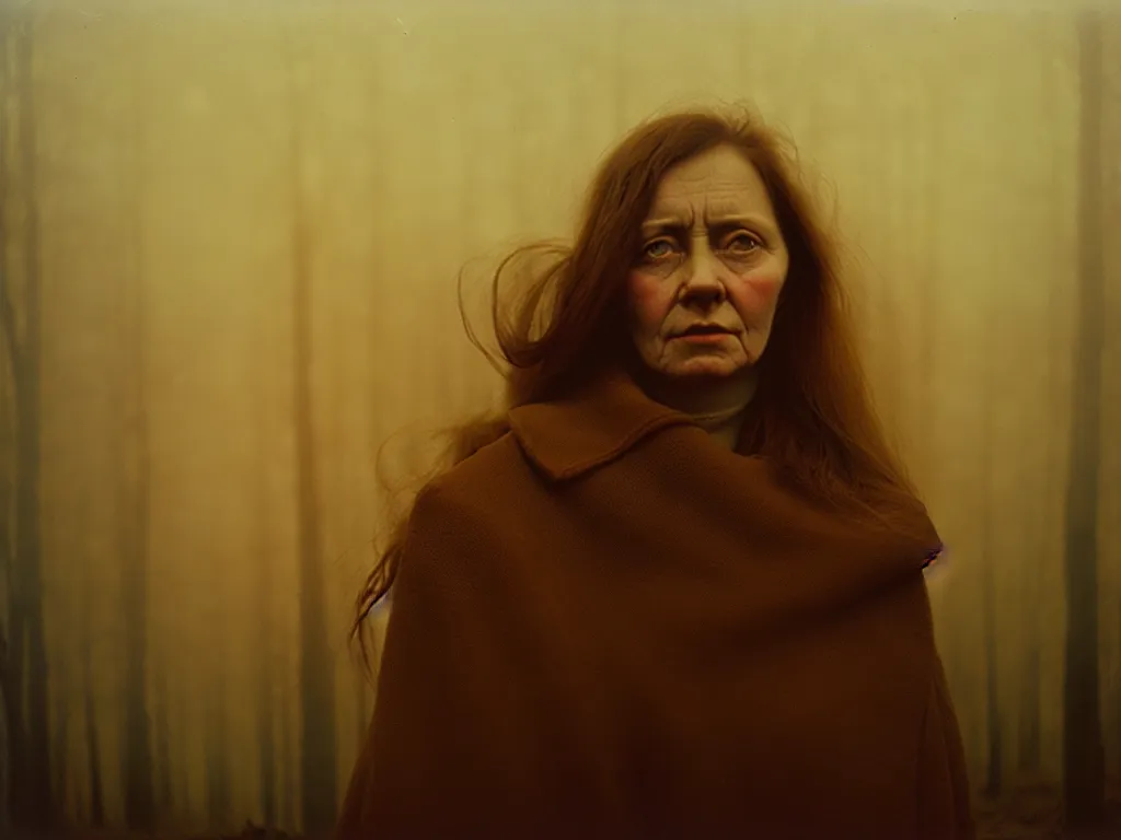 Prompt: portrait of woman, solemn expression, faded color film, russian cinema, tarkovsky, kodachrome, heavy birch forest, long brown hair, old clothing, heavy fog, atmospheric haze, sunset, low light, dramatic lighting