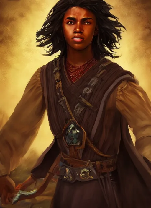 Image similar to An epic fantasy comic book style portrait painting of a young dark skinned long haired boy in peasant clothes with intelligent eyes in the style of the wheel of time, unreal 5, DAZ, hyperrealistic, octane render, cosplay, RPG portrait, dynamic lighting