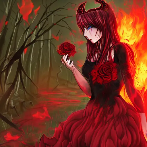 Prompt: super mad demon girl extreme anger with demon horns in a pretty black dress covered in blood with a rose in her hand in front of a destroyed forest in flames, super high detail picture