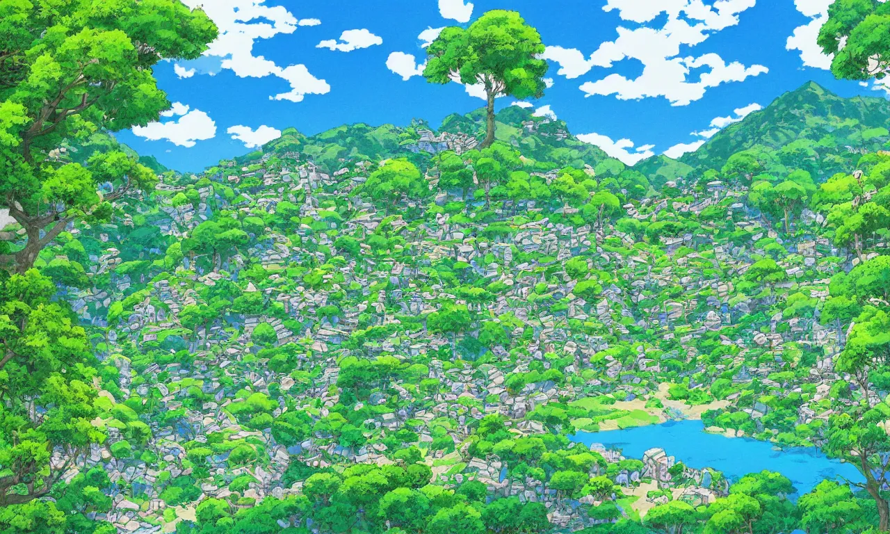 Prompt: a village down the mountain, river across the painting, blue sky, summer, green, sunshine, trees, by studio ghibli and hayao miyazaki, wide angle