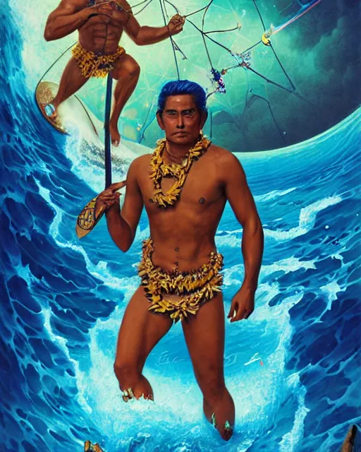 Image similar to duke kahanamoku as a hawaiian warrior emerging from a surrounded intergalactic planets connected by streams of multiversal flow, sigma male, gigachad, lush garden, diamond head backdrop, visually stunning, luxurious, by wlop, james jean, jakub rebelka, tran nguyen, peter mohrbacher, yoann lossel