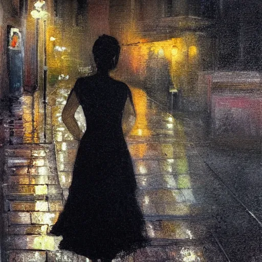 Prompt: wide angle painting of a beautiful woman in a drizzly night city street scene. beautiful use of light and shadow to create a sense of depth and movement. uses a limited color palette, providing a distinctive look.