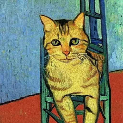 Image similar to painting of a cat on a chair, by Van Gogh