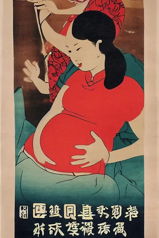 Prompt: Chinese propaganda poster showing a pregnant man