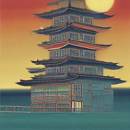 Image similar to a picture of a building that is lit up at night, an art deco painting by yoshida hanbei, spirited away, hayao miyazaki, pinterest, 1 9 9 0 s, 1 9 7 0 s
