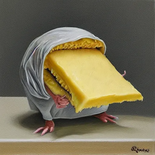 Image similar to realistic painting of a rat with cheese