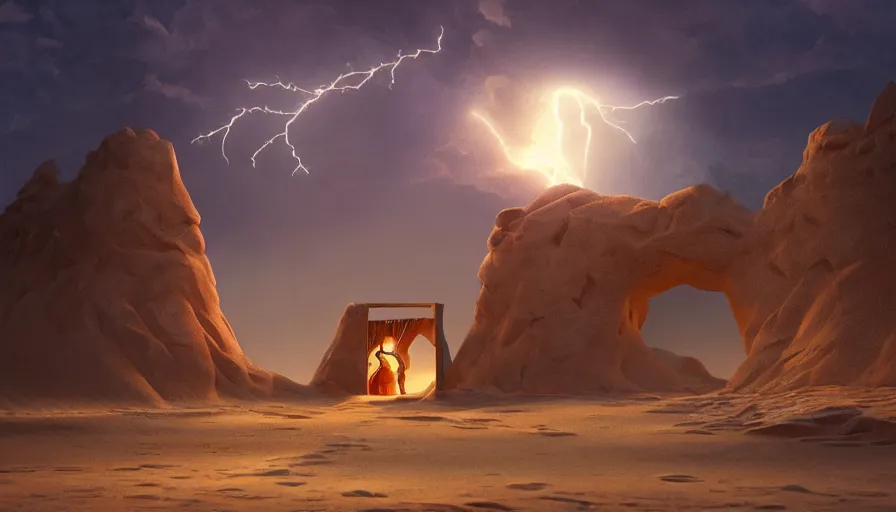 Image similar to a glowing magical portal inside a sand tsunami fantasy time in the desert to another dimension, focus gate, portal, a man watching over, lightning, by caspar david friedrich by james gilleard and justin gerard, artstation, smooth, sharp focus, by jean baptiste, octane render