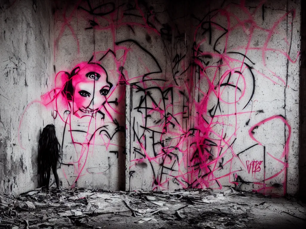 Image similar to graffiti in an abandoned bunker, cute fumo plush gothic black enigmatic maiden girl painted in spilt red ink and washed watercolor, neon light, avant garde pop art, filmic, daylight, captured on canon eos r 6