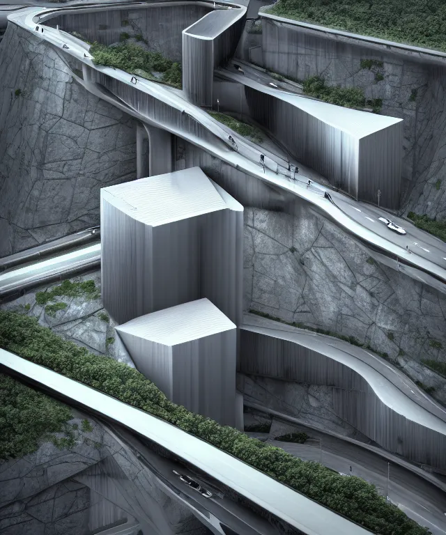 Prompt: establishing shot of modern bjarke ingels condo building and gotthard tunnel entrance combined, roads tunnel under bjarke ingels condo building, scifi artstation digital concept art, unreal engine, hyper realism, realistic shading, cinematic composition, realistic render, octane render, detailed textures, photorealistic, wide shot