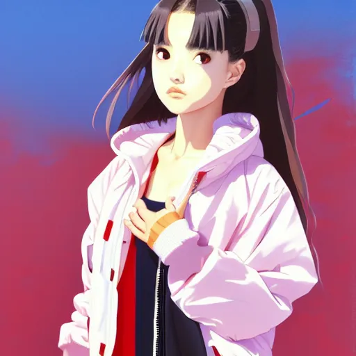 Image similar to a beautiful japanese natalie portman gravure model, wearing oversized native designer bomber jacket and leotard, bulky poofy bomber jacket with mesoamerican patterns, mesoamerican native street fashion, gapmoe yandere grimdark, trending on pixiv fanbox, painted by greg rutkowski makoto shinkai takashi takeuchi studio ghibli, akihiko yoshida