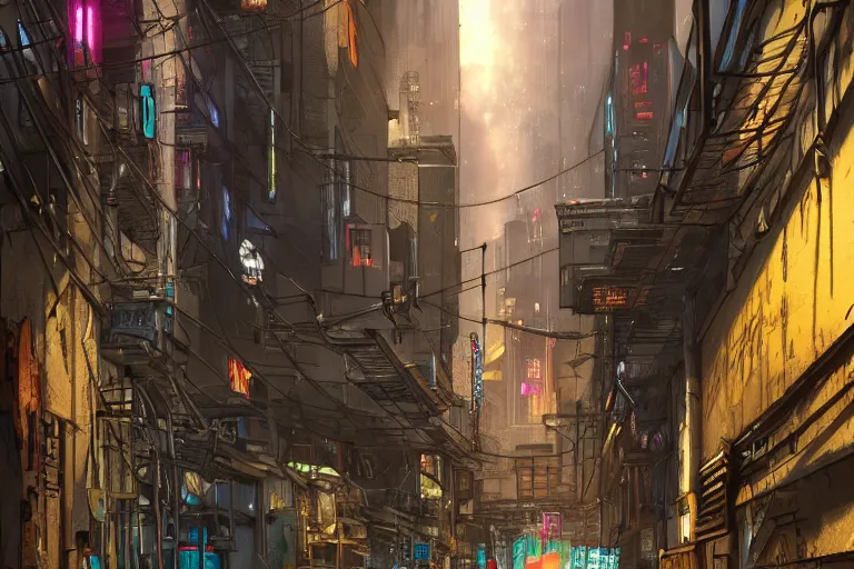Image similar to cyberpunk alleyway, extremely detailed architecture and lighting wide-shot