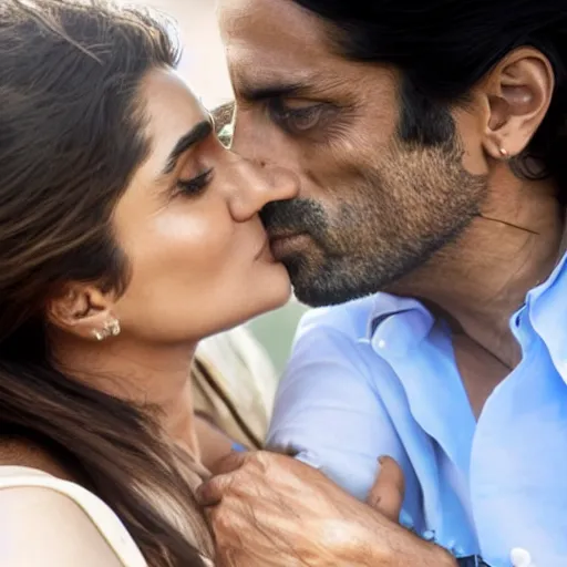 Image similar to closeup of kareena kapoor and arjun rampal kissing, natural lighting, hyper detailed, 1 0 0 mm, photographic, cinematic lighting, studio quality.