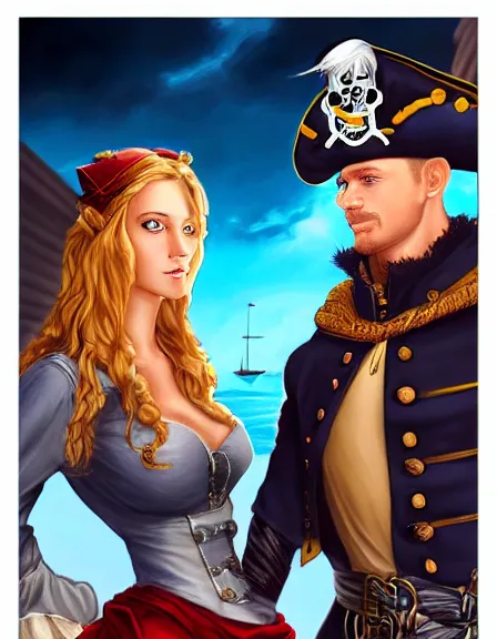 Prompt: couple. fully clothed armed female pirate captain with a male pirate partner, sun, summer, blue eyes, beauty, wisdom, love, strength, knowledge, smart, portrait, symmetrical, highly detailed, digital painting, artstation, smooth, sharp focus, illustration, strength, art by artgerm and louis theophile hingre. 8 k