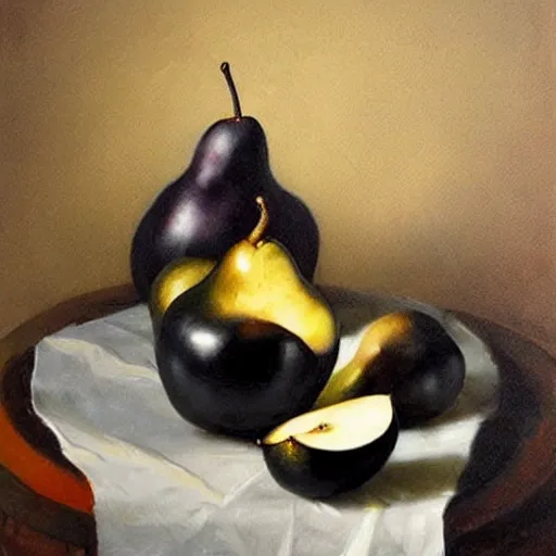 Prompt: table with very very black colored pears, #black pear fruit, ?black pears, !black pears, •black pears painted by rossdraws, greg rutkowski, thomas kindkade