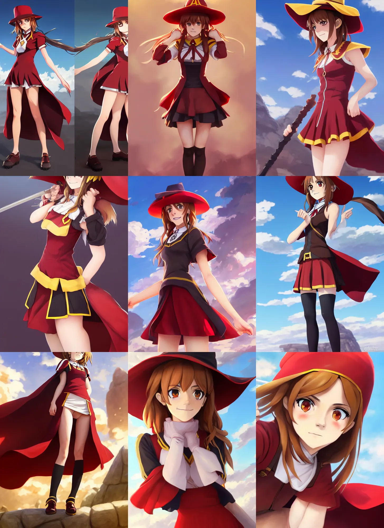 Prompt: attractive Emma Watson(Hermione) as realistic Megumin cosplay from Konosuba, red dress and hat, hourglass slim figure, full body shot close up, seductive smile, details, sharp focus, illustration, by Jordan Grimmer and greg rutkowski, Trending artstation, pixiv, digital Art