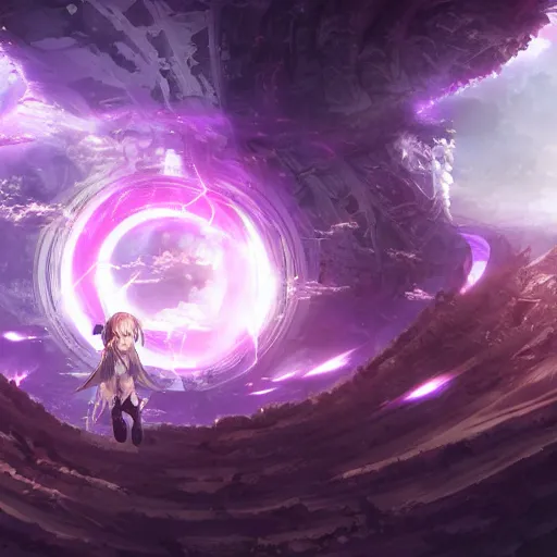Image similar to the ruins of the spiralling portals of purple lightning, anime fantasy illustration by tomoyuki yamasaki, kyoto studio, madhouse, ufotable, square enix, cinematic lighting, trending on artstation