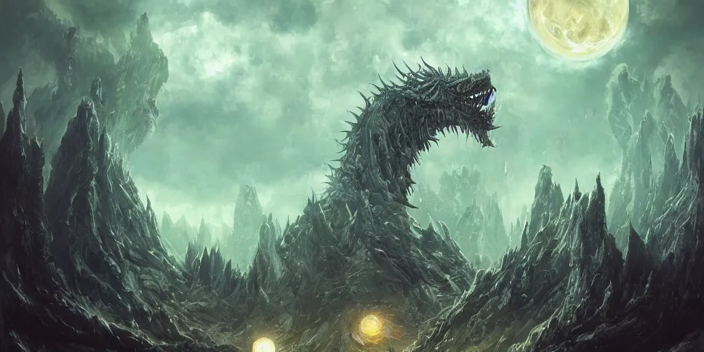 Image similar to concept art of giant kaiju, japanese, lots of teeth, melting horror, round moon, rich clouds, fighting the horrors of the unknown, mirrors, very detailed, volumetric light, mist, grim, fine art, decaying, textured oil over canvas, epic fantasy art, very colorful, ornate, anato finnstark