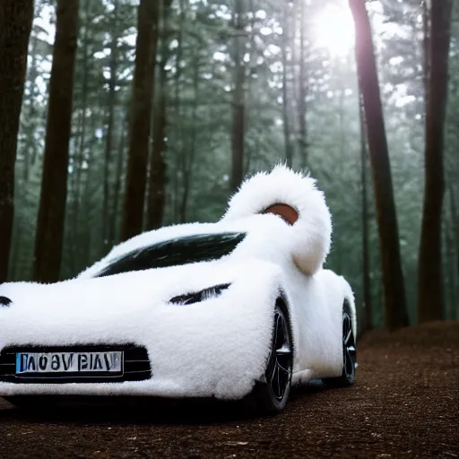 Image similar to a fluffy roadster covered with white fur parking in the forest, warm light, front view, centered, 4k, hd, highly detailed