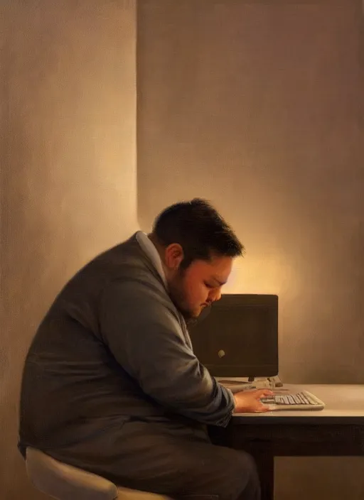 Image similar to insanely detailed chiaroscuro image of a sleepy - looking chubby well - dressed programmer guy on his knees facing his glowing ultrawide monitor monitor begging it for forgiveness, oil on canvas, masterwork, fine detail, trending on artstation, emotive, insanely compelling, ryden, koons, moebius