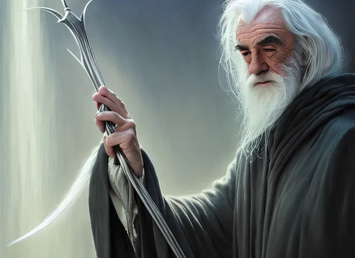 Image similar to white haired sean connery as gandalf, lord of the rings, robes, intricate, elegant, highly detailed, centered, digital painting, artstation, concept art, smooth, sharp focus, illustration, artgerm, tomasz alen kopera, peter mohrbacher, donato giancola, joseph christian leyendecker, wlop, frank frazetta