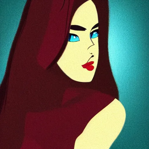 Image similar to a photo of a young woman. moody and melanchonic. disney artstyle. red, yellow