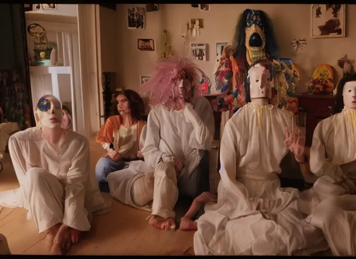 Image similar to movie still by alejandro jodorowsky of a beautiful day in a family living room in a suburban neighborhood usa, visible magic energy, dream creature costumes, transcending cult members, talking animals, magic parade float, cinestill 8 0 0 t eastmancolor technicolor, high quality, very detailed, heavy grain, fine facial features, 8 k, octane render