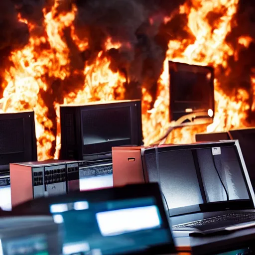 Prompt: a crowd burning computers