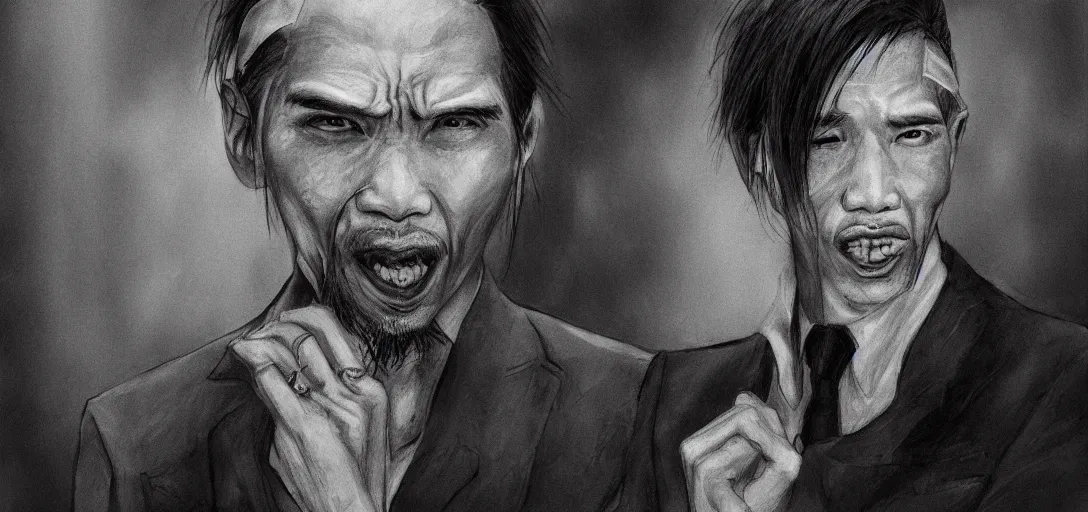 Image similar to black and white pencil portrait of a ho chi minh, vampire wizard, dark asian city street background, trending artstation, relaxed expression, dark lighting, high detail