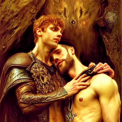 Image similar to stunning arthur pendragon in love with stunning male merlin the mage. they are close to each other, touching, looking. highly detailed painting by gaston bussiere, craig mullins, j. c. leyendecker