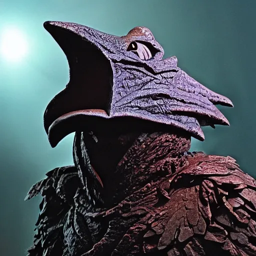 Prompt: evil skeksis from the dark crystal. dark undertones. volumetric lighting.