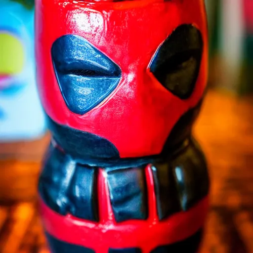 Image similar to a closeup photorealistic photograph of a deadpool style tiki mug sitting at a trader vic's beach bar featuring the face of deadpool. tiki party. bright scene. fine detail. this 4 k hd image is trending on artstation, featured on behance, well - rendered, extra crisp, features intricate detail, epic composition and the style of unreal engine.