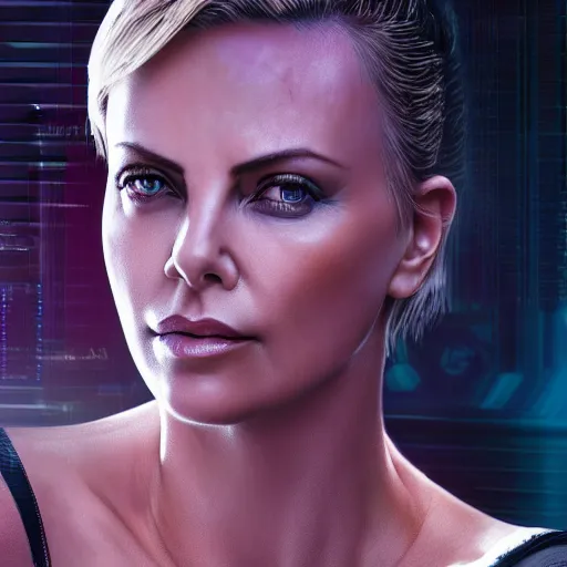 Image similar to charlize theron portrait, cyberpunk 2 0 7 7, cyberpunk judy alvarez, photorealistic, ultra detailed, neon, octane, bokeh, cinematic lighting, cyber, cyberpunk city, studio quality, feature, scars, cyberface, 8 k