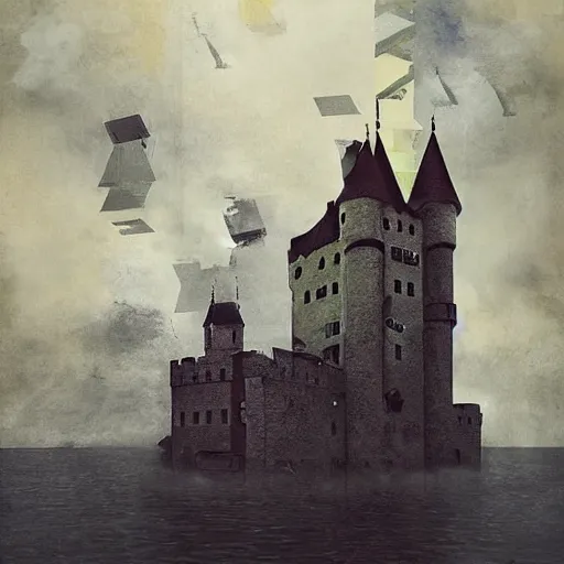 Prompt: A beautiful conceptual art of a castle in the clouds. multiple exposure, doge by Frits Thaulow, by Shepard Fairey expressive