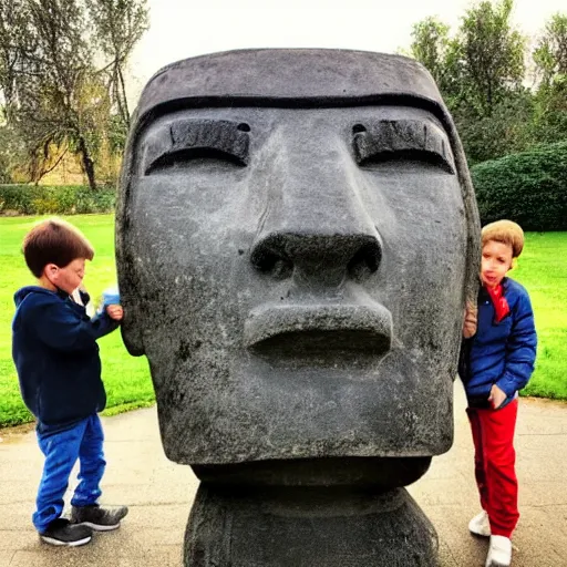 Image similar to a kid with a pouty face looking very dissapointed that his christmas present was a large moai statue with a bow on it | iphone photograph