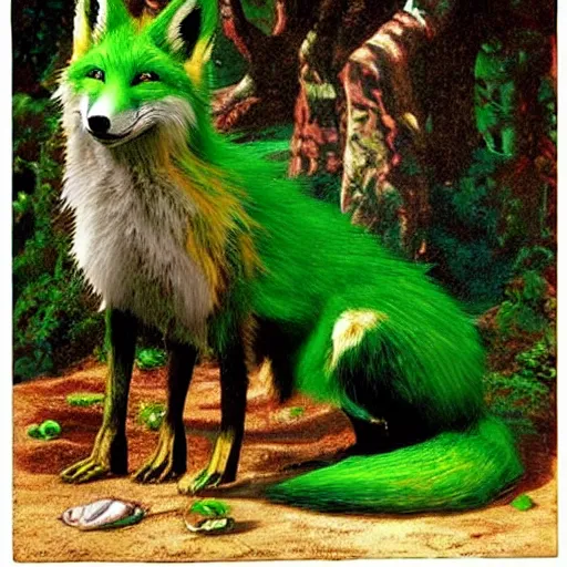 Image similar to A fantasy world photo of a smiling green fox with his youngster, 4k, made by Salvador Dali