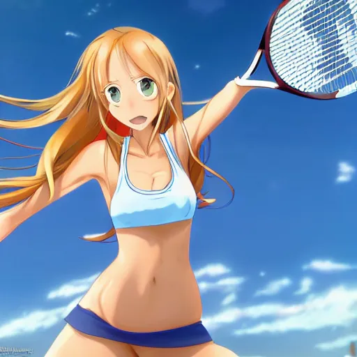Prompt: a very beautiful young anime tennis yuuki asuna, full body, long wavy blond hair, sky blue eyes, full round face, bikini, miniskirt, front view, mid - shot, highly detailed, cinematic wallpaper by stanley artgerm lau