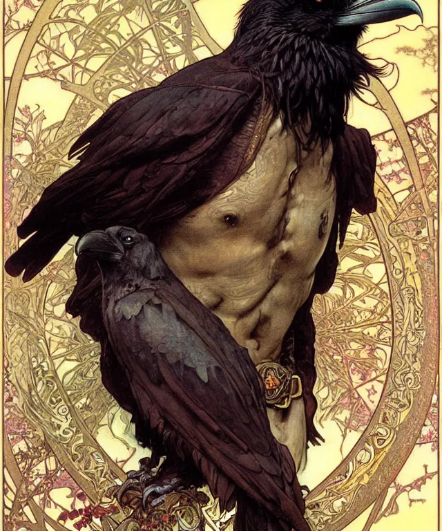 Prompt: realistic detailed face portrait of a rugged handsome raven king with ravens by alphonse mucha, ayami kojima, amano, greg hildebrandt, and mark brooks, male, masculine, art nouveau, neo - gothic, gothic, character concept design