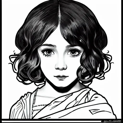 Prompt: clean simple line art of a little girl with short wavy curly light brown hair and blue eyes, a space empress in byzantine style. no background. well composed, clean, black and white, beautiful detailed face line art by ilya kuvshinov and alphonse mucha