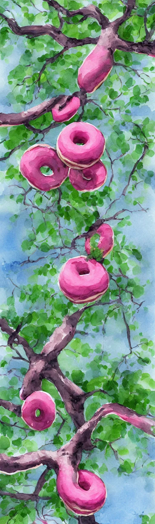 Prompt: Pink donuts growing from a tree branch, Watercolor, photorealistic, high resolution, award winning, trending on artstation