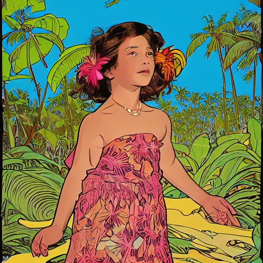 Image similar to a five - year - old caucasian girl with honey brown eyes and hair, wearing a hawaiian dress, dancing on a tropical beach, portrait, wide shot, midday light, bright colors, illustration, pop art, splash painting, graphic novel, art by geof darrow, ashley wood, alphonse mucha