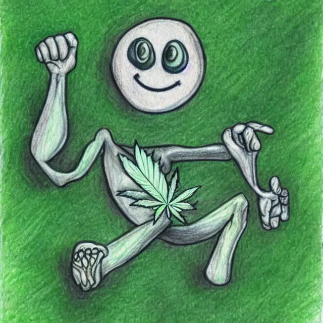 Image similar to cannabis leaf with a smiling face and arms and legs cartoon, colored pencil illustration