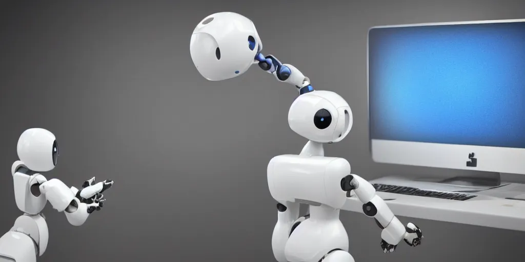 Image similar to “a cute simple robot looking at a computer photorealistic”