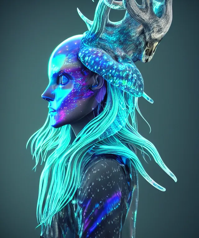 Prompt: surreal, nighttime background rain, iridescent detail, swirl 3 / 4 profile beautiful face, snow white deer portrait with raven wings goddess jellyfish nautilus translucent bioluminescent intricate phoenix ram skull mask by tooth wu created with wlop. octane render, popular on artstation, greg rutkowski film, surreal, high detail, octane render, 8 k,