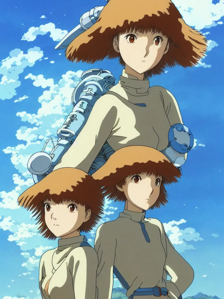 Image similar to anime art full body portrait character nausicaa by hayao miyazaki concept art, anime key visual of elegant young female, short brown hair and large eyes, finely detailed perfect face delicate features directed gaze, valley and mountains background, trending on pixiv fanbox, studio ghibli, extremely high quality artwork by kushart krenz cute sparkling eyes