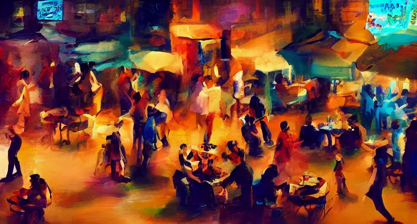 Image similar to people drinking and having fun, artwork by salman toor, cinematic light, atmospheric effects