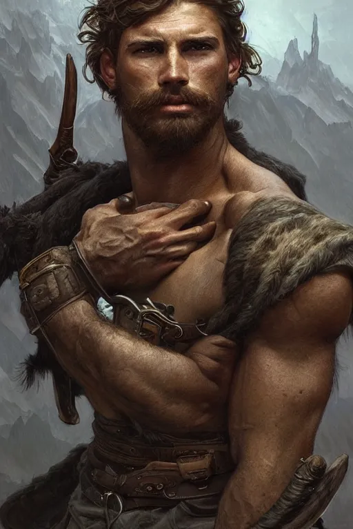 Image similar to portrait of a young rugged ranger, muscular, handsome, upper body, hairy torso, D&D, fantasy, intricate, elegant, highly detailed, digital painting, artstation, concept art, smooth, sharp focus, illustration, art by artgerm and Greg Rutkowski and Alphonse Mucha