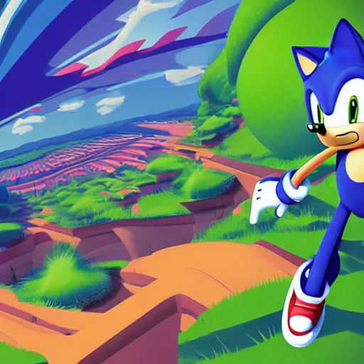 harmony green hill zone, sonic is a human, running,, Stable Diffusion