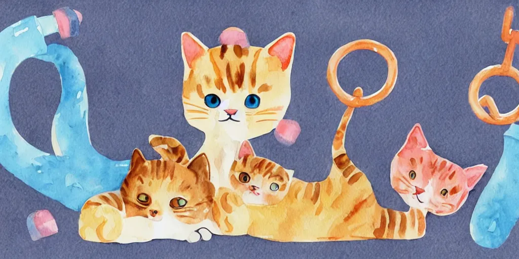 Image similar to watercolor illustration style, cute! cats! training in the fitness studio