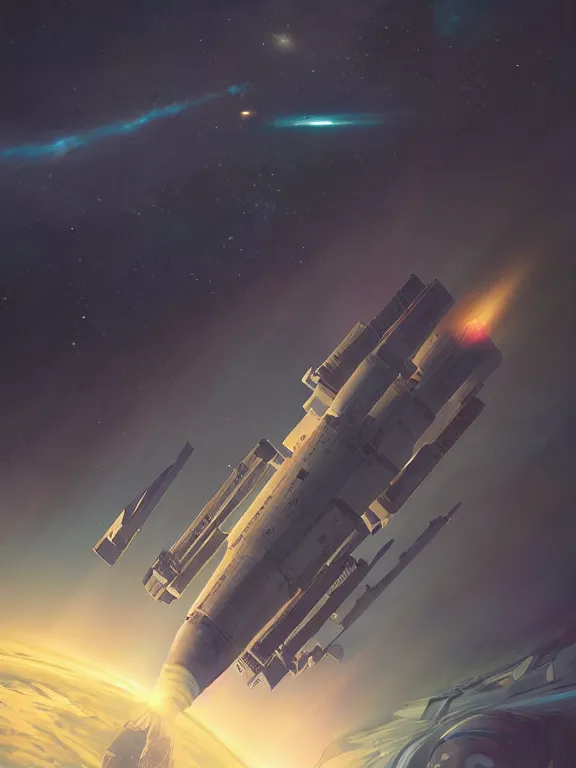 Image similar to a cargoship in space. realism, detailed spaceship, digital illustration, hard lighting, adventurous, hard - scifi, atmospheric lighting, 8 k, octane render. by makoto shinkai,, james jean, andrei riabovitchev, marc simonetti, krenz cushart, sakimichan, d & d trending on artstation, digital art.