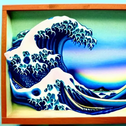 Image similar to claymation, 3 d clay sculpture, made of clay, ocean waves sculpture, colorful, inspired by hokusai, detailed